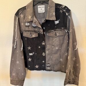 White Birch Distressed Star Jean Jacket in Black and Gray